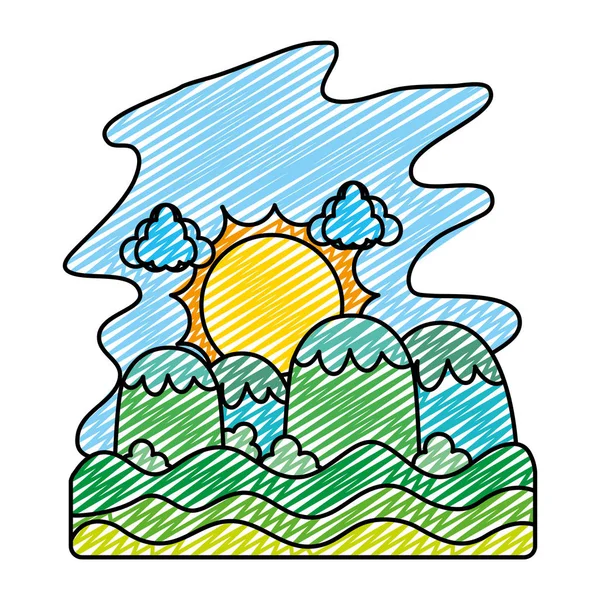Doodle Natur Solen Med Ekologi Berg Landskap Vektorillustration — Stock vektor