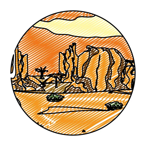 Doodle Wüste Baum Palme Mit Canyon Landschaft Vektor Illustration — Stockvektor