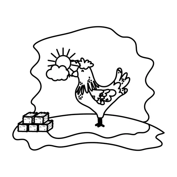 Ligne Coq Ferme Animal Avec Paille Balle Vecteur Illustration — Image vectorielle