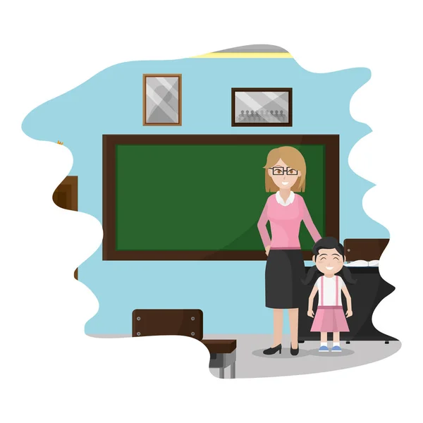 Enseignant Avec Fille Élève Dans Classe Scolaire Illustration Vectorielle — Image vectorielle