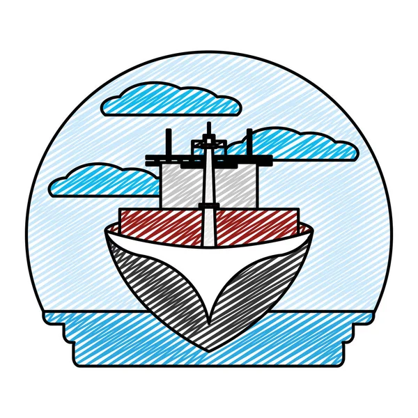 Doodle Voorste Schip Vervoer Zee Voertuig Vectorillustratie — Stockvector