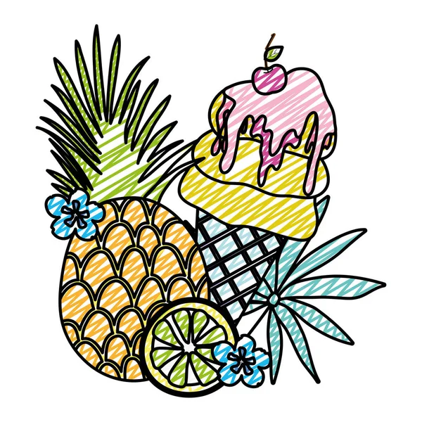 Doodle Abacaxi Tropical Limão Com Ilustração Vetorial Sorvete —  Vetores de Stock