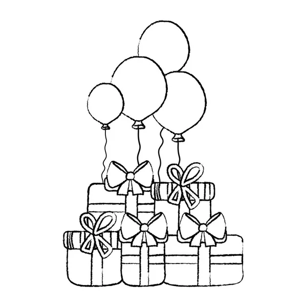 Grunge Presente Cajas Con Globos Cumpleaños Fiesta Celebración Vector Ilustración — Vector de stock