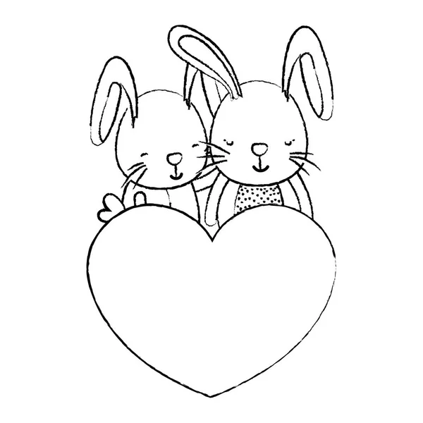 Grunge Couple Lapin Avec Mignon Coeur Vecteur Illustration — Image vectorielle