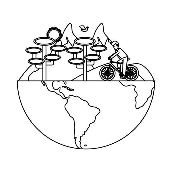 Línea Hombre Montar Bicicleta Ecología Protección Vector Ilustración — Archivo Imágenes Vectoriales