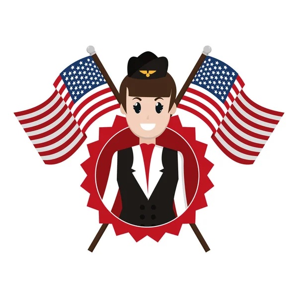 Aeromoça Com Bandeiras Dos Eua Ilustração Vetor Emblema Nação —  Vetores de Stock