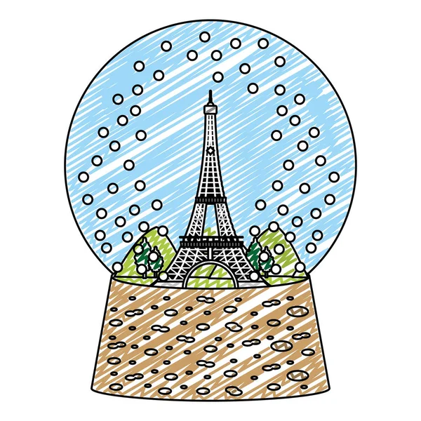 Doodle Eiffel Torre Dentro Bola Neve Vetor Vidro Ilustração — Vetor de Stock
