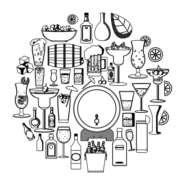 Line Cirkel Sprit Flaskor Och Glas Alkohol Drycker Vektor Illustration — Stock vektor