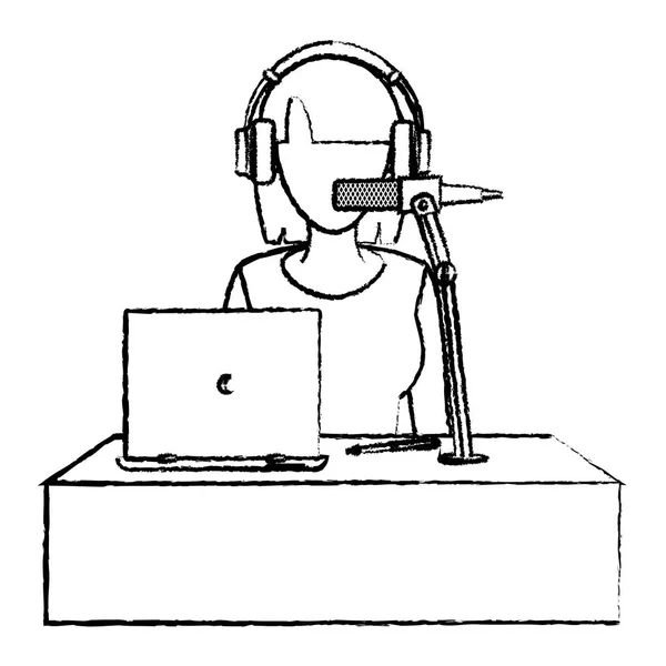 Profesionální Žena Reportér Notebookem Sluchátka Vektorové Ilustrace Grunge — Stockový vektor