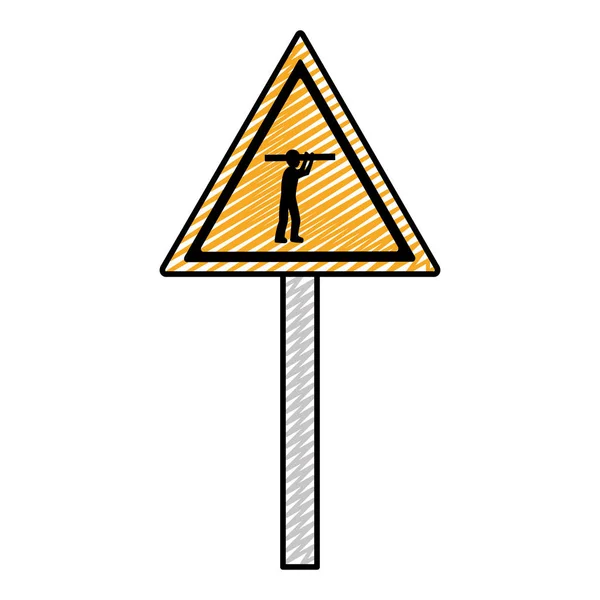 Doodle Dreieck Vorsicht Emblem Und Arbeiter Mit Ausrüstung Vektor Illustration — Stockvektor