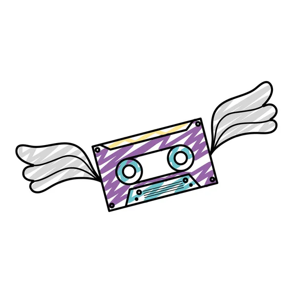 Cassette Doodle Bande Rétro Avec Des Ailes Style Illustration Vectorielle — Image vectorielle