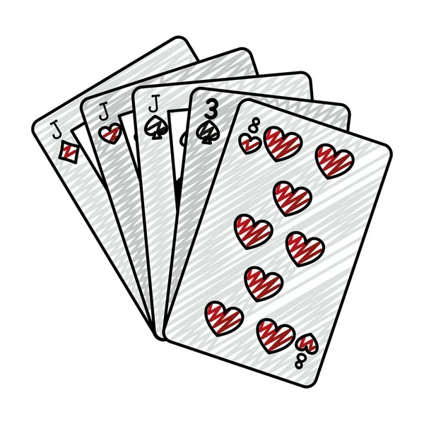 Doodle Tre Snäll Kasino Kort Spel Vektorillustration — Stock vektor
