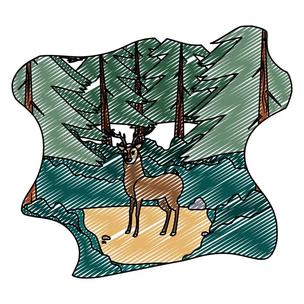 Gribouiller Mignon Cerf Mâle Animal Dans Paysage Vectoriel Illustration — Image vectorielle