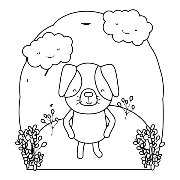 Line Cute Dog Pet Landscape Clouds Vector Illustration — Stock Vector