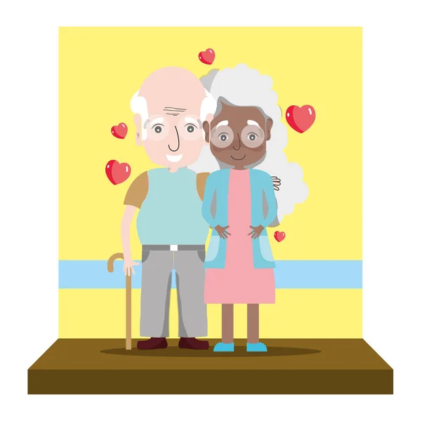 Kadın Erkek Yaşlı Çift Kalpler Vektör Çizim Ile — Stok Vektör