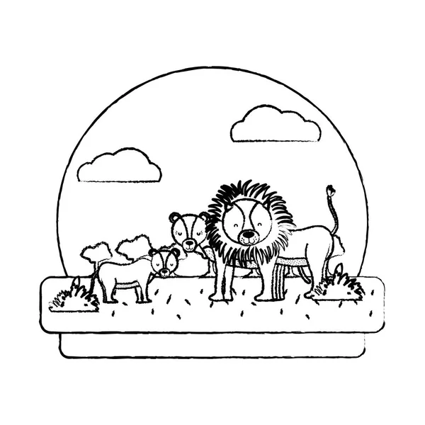 Grunge Adorable Lion Family Animal Landscape Vector Illustration — Stock Vector