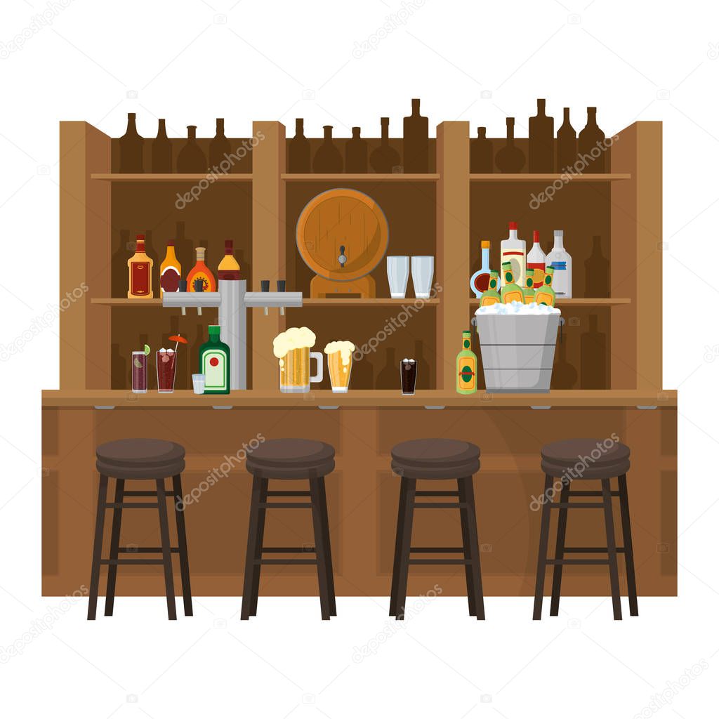 bar liquor beverages with chairs objects vector illustration