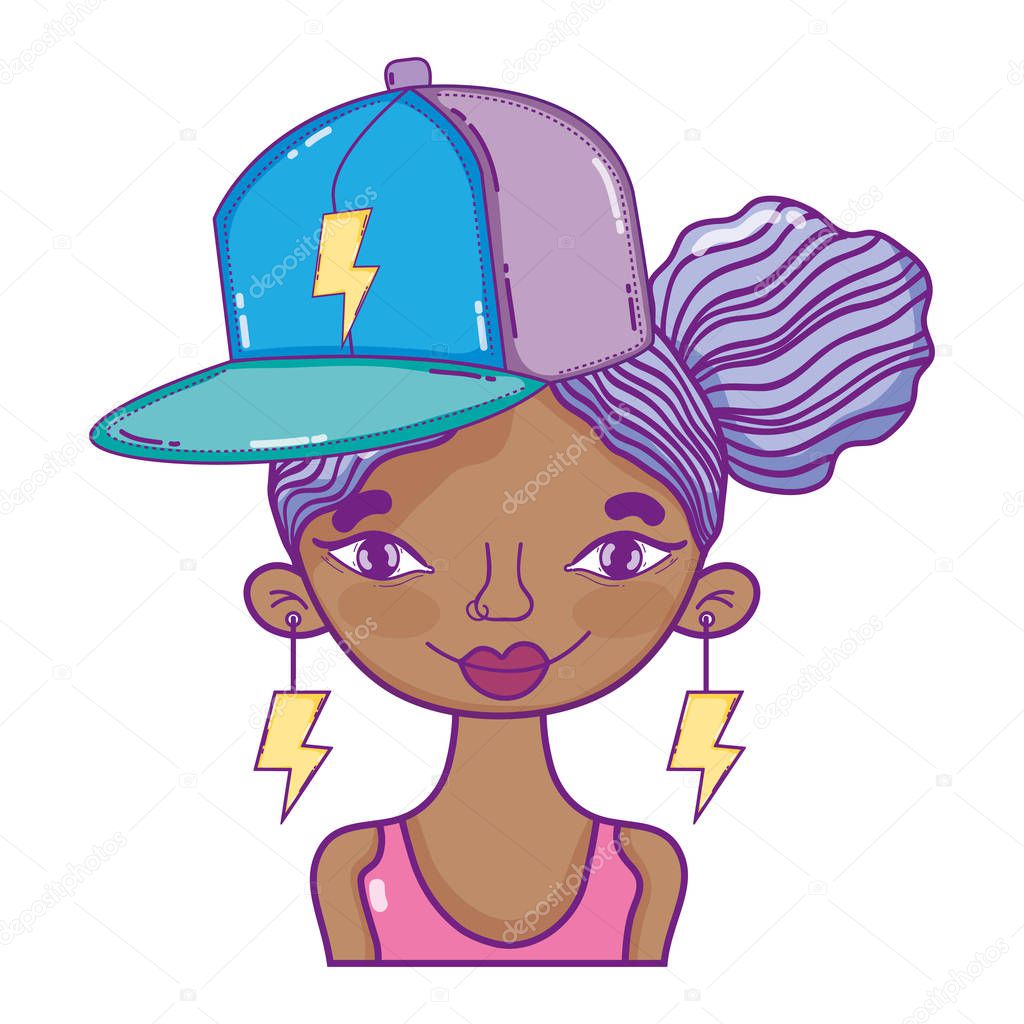 woman hairstyle with cap accessory and rays earrings vector illustration