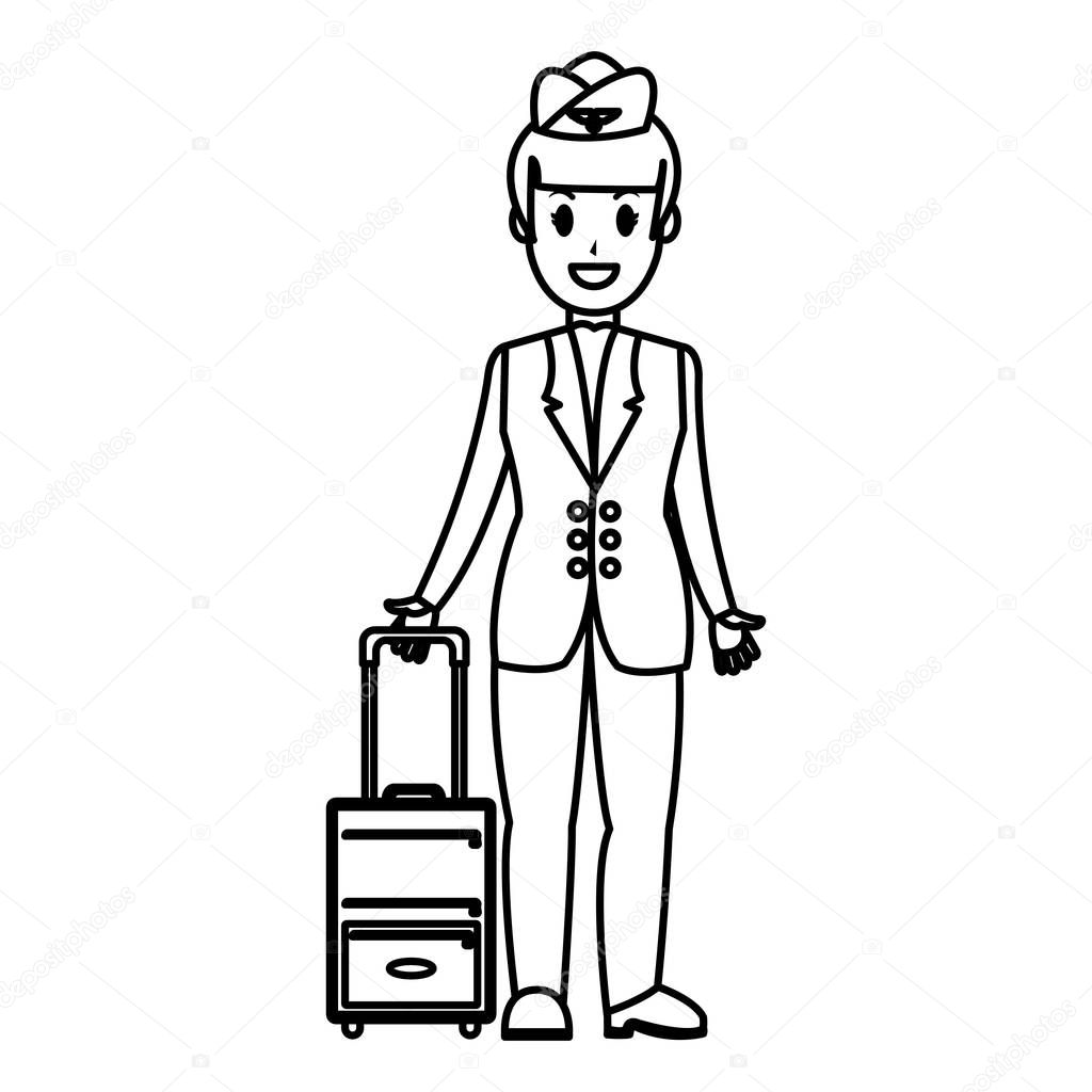 line happy stewardess wih hairstyle and luggage object vector illustration