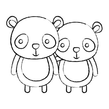 Grunge çift panda birlikte sevimli hayvan vektör çizim