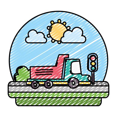 Doodle kamyon ve trafik ışıkları peyzaj ile sokak illüstrasyon vektör