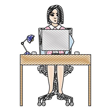profesyonel iş kadını resepsiyon ile bilgisayar ve lamba vektör çizim doodle