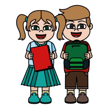 renkli kız ve çocuk ile kitap ve sırt çantası mutfak eşyaları vektör çizim