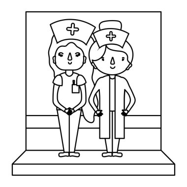 satır kadınlar hemşireler şapka ve profesyonel Tekdüzen vektör çizim