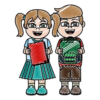 kız ve oğlan kitap ile doodle ve mutfak eşyaları vektör çizim sırt çantası