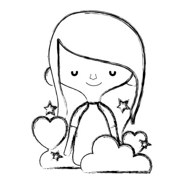 Grunge kadın saç modeli ve kalpleri bulutlar stil vektör çizim ile