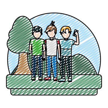 manzara vektör çizim içinde sosyal smartphone ile oynarken çocuklar doodle