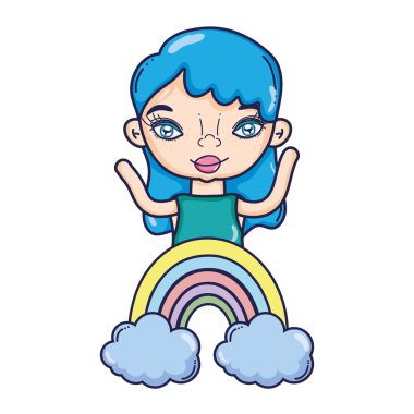 şirin gökkuşağı ve bulutlar vektör çizim ile güzel kadın