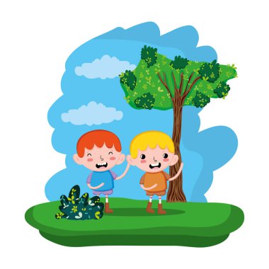 mutlu çocuk çocuklar ormanda vektör çizim rezerv