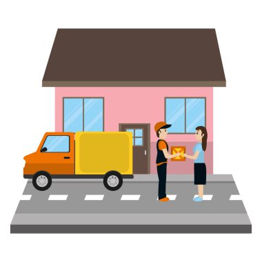 teslimat paketi açık bir ev vektör çizim alma kadın
