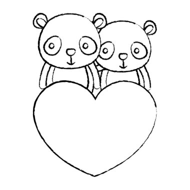 Grunge çift panda ile birlikte şirin kalp vektör çizim
