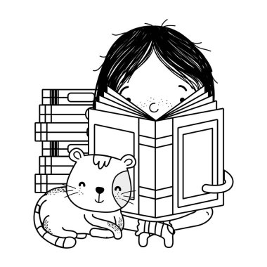 oturma ve kedi hayvan vektör çizim ile kitap okuma satır kız