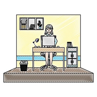 dosya dolabı ve bilgisayar vektör çizim ile işkadını başarı doodle