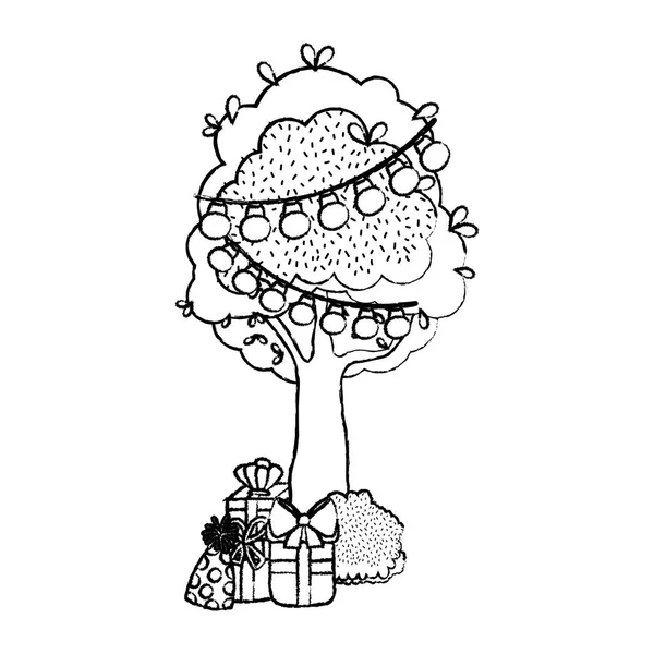 Grunge Baum Mit Glühbirnen Hängt Und Präsentiert Boxen Vektor Illustration — Stockvektor