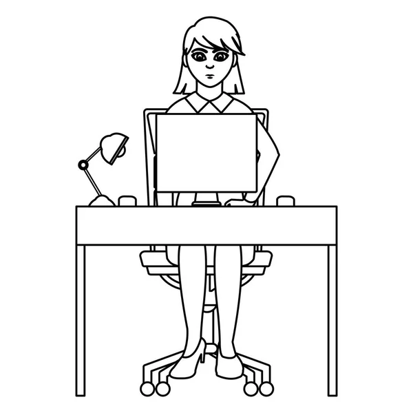 Línea Asientos Oficina Mujer Negocios Con Ilustración Escritorio Vector Computadora — Vector de stock