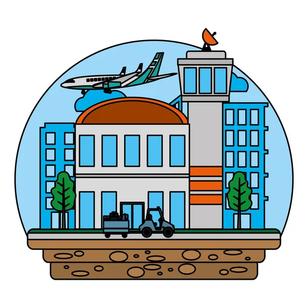 荷物と飛行機のベクトル図を牽引車が付いている空港 — ストックベクタ