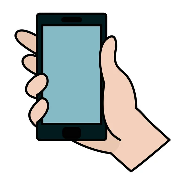 Cor Mão Com Tecnologia Smartphones Eletrônicos Estilo Vetor Ilustração — Vetor de Stock