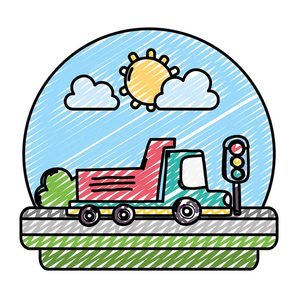 Doodle kamyon ve trafik ışıkları peyzaj ile sokak illüstrasyon vektör