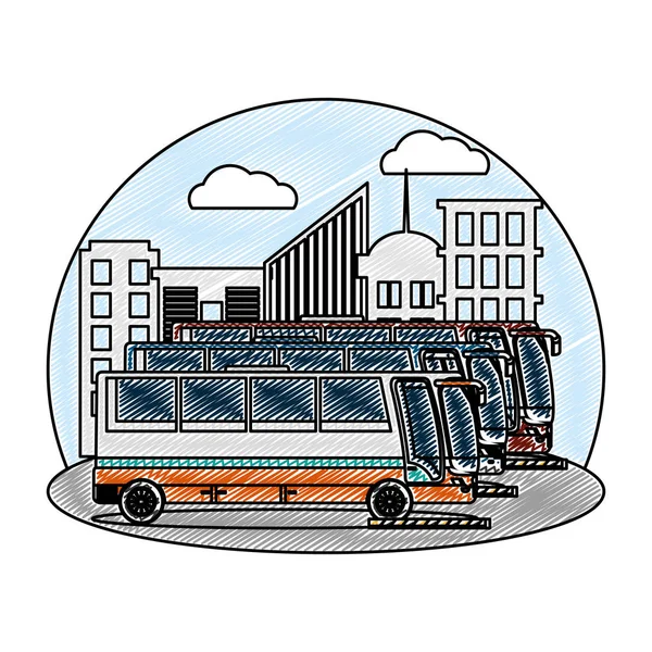 Doodle Seite Busse Stadt Personenverkehr Vektor Illustration — Stockvektor