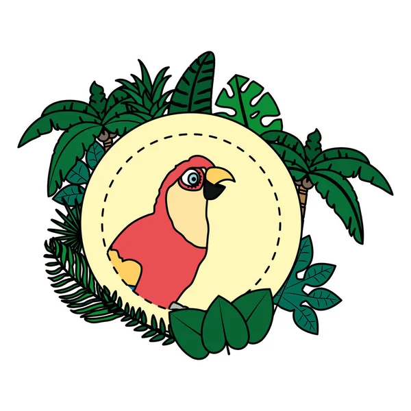 Barevný Papoušek Exotickými Větve Listy Dekorace Vektorové Ilustrace — Stockový vektor
