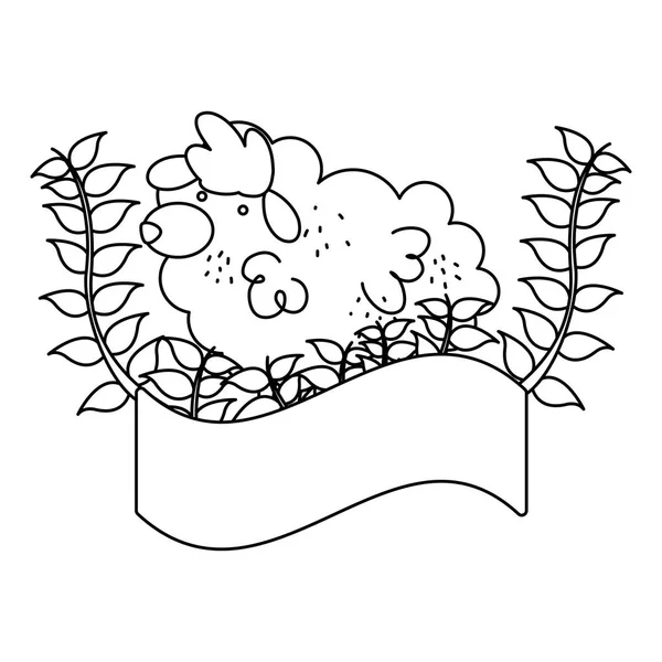 Ligne Mouton Ferme Animal Avec Branches Plante Vecteur Illustration — Image vectorielle