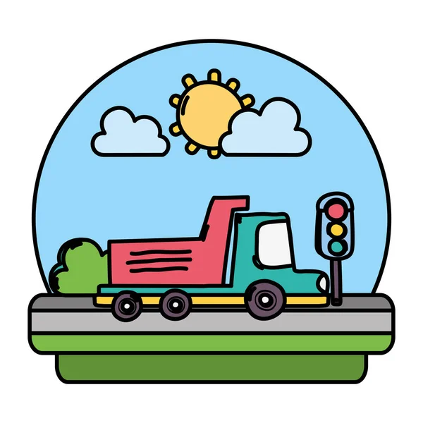 Camion Couleur Rue Avec Feux Circulation Dans Illustration Vectorielle Paysage — Image vectorielle