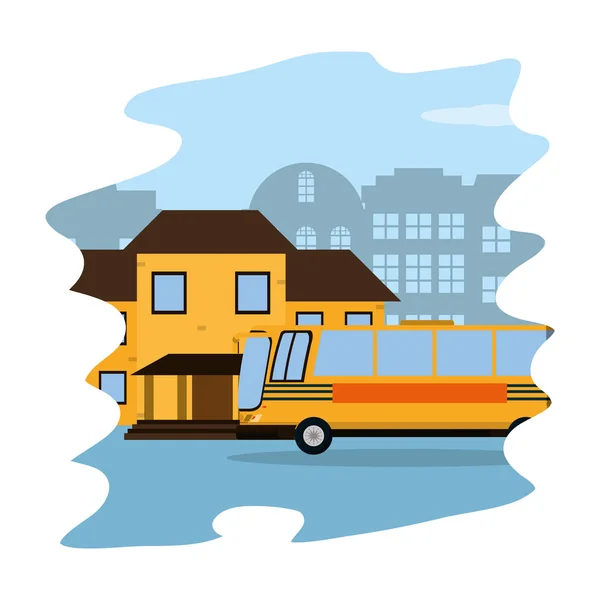 Автобусна Школа Транспорт Міським Будинком Векторні Ілюстрації — стоковий вектор