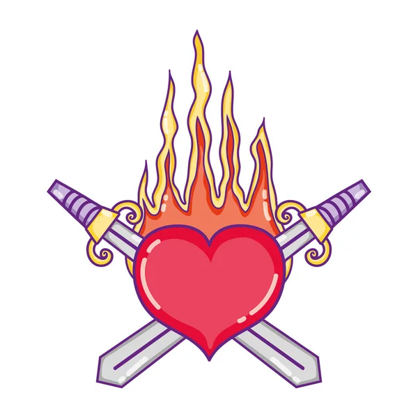 Swords Weapon Heart Passion Fire Vector Illustration — Stock Vector