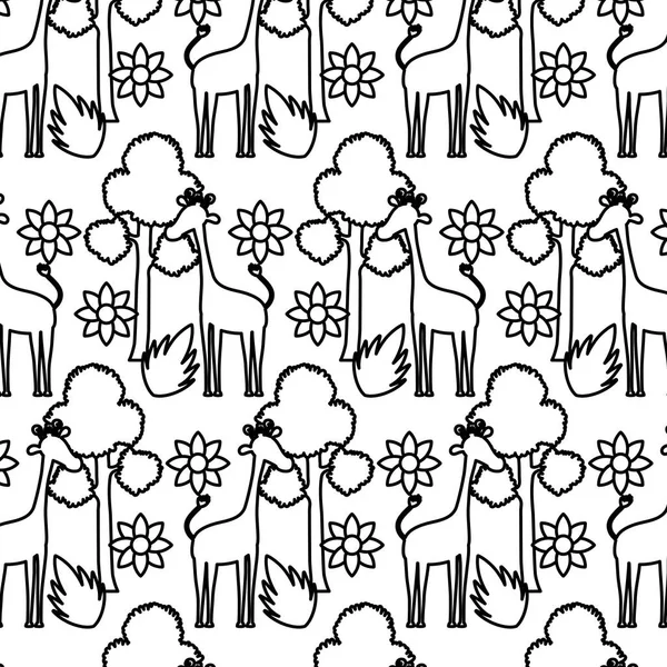 エキゾチックな花と木の背景とライン キリン ベクトル イラスト — ストックベクタ