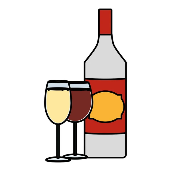 彩色杜松子酒酒瓶与香槟和白兰地玻璃矢量插图 — 图库矢量图片